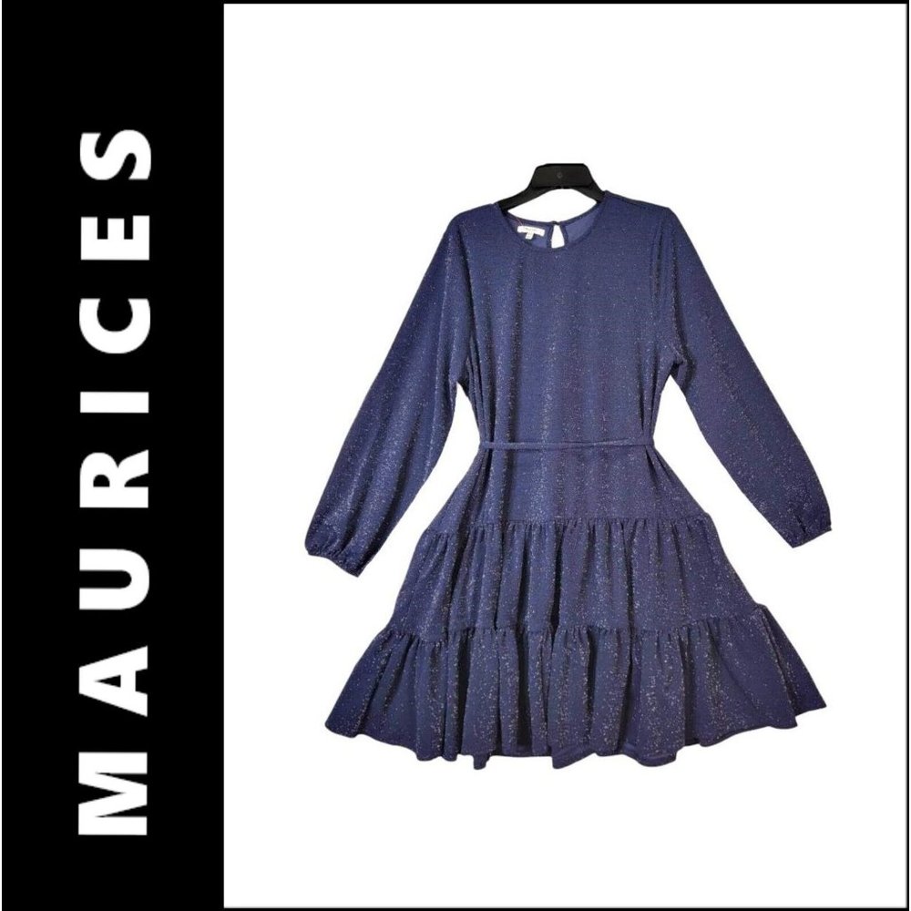 Maurices Dress Size 0X Women Blue Flare Long Sleeve Shimmer Cocktail Formal New